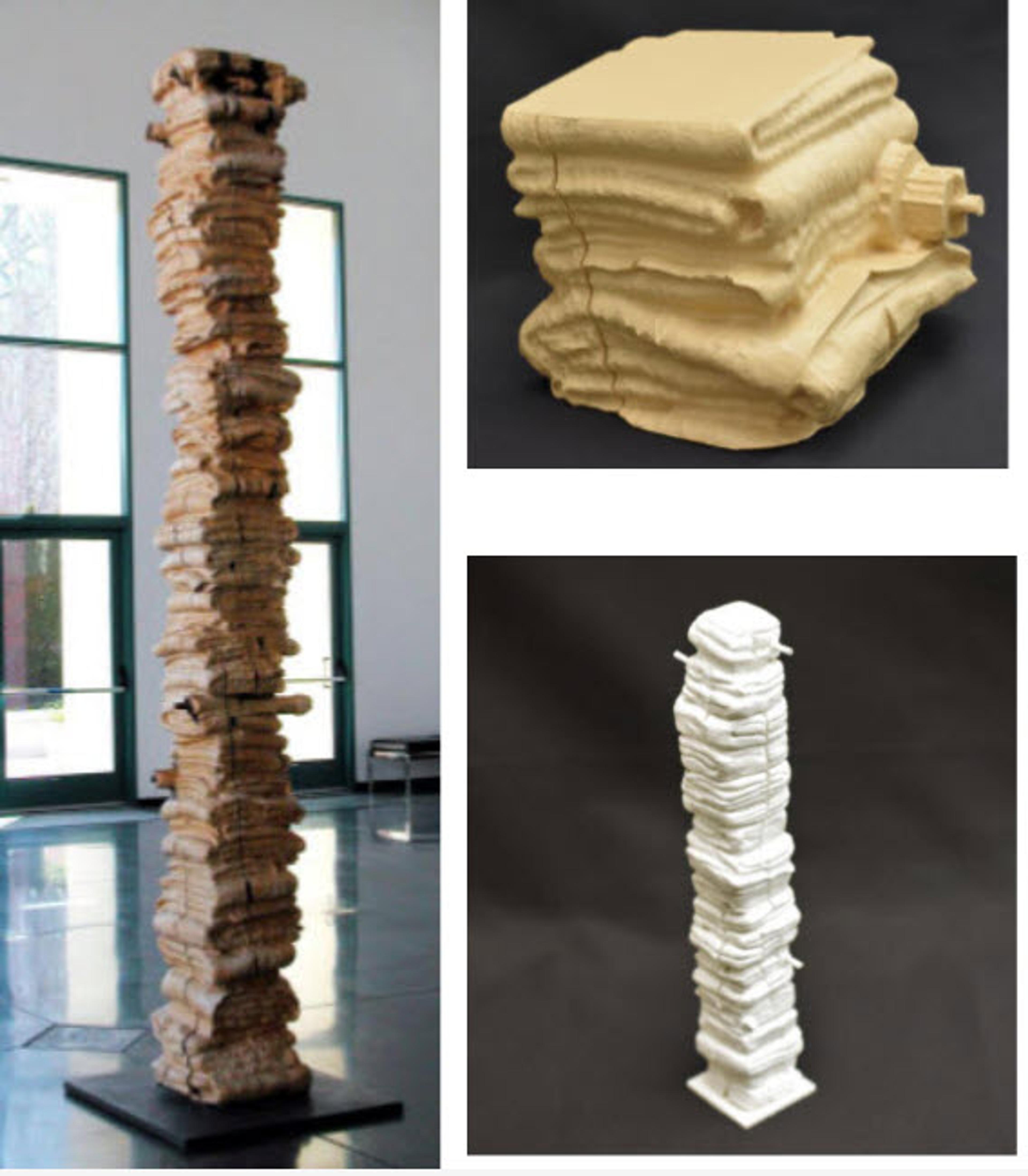 Left: Marie Watt, Canopy (Odd One), 2005, salvaged industrial yellow cedar and steel rebar, 120″ x 13″ x 13″, Boise Art museum permanent collection Top right: Scale model created by BAM staff. Bottom right: 3D printed cross-section created by intermountain 3D