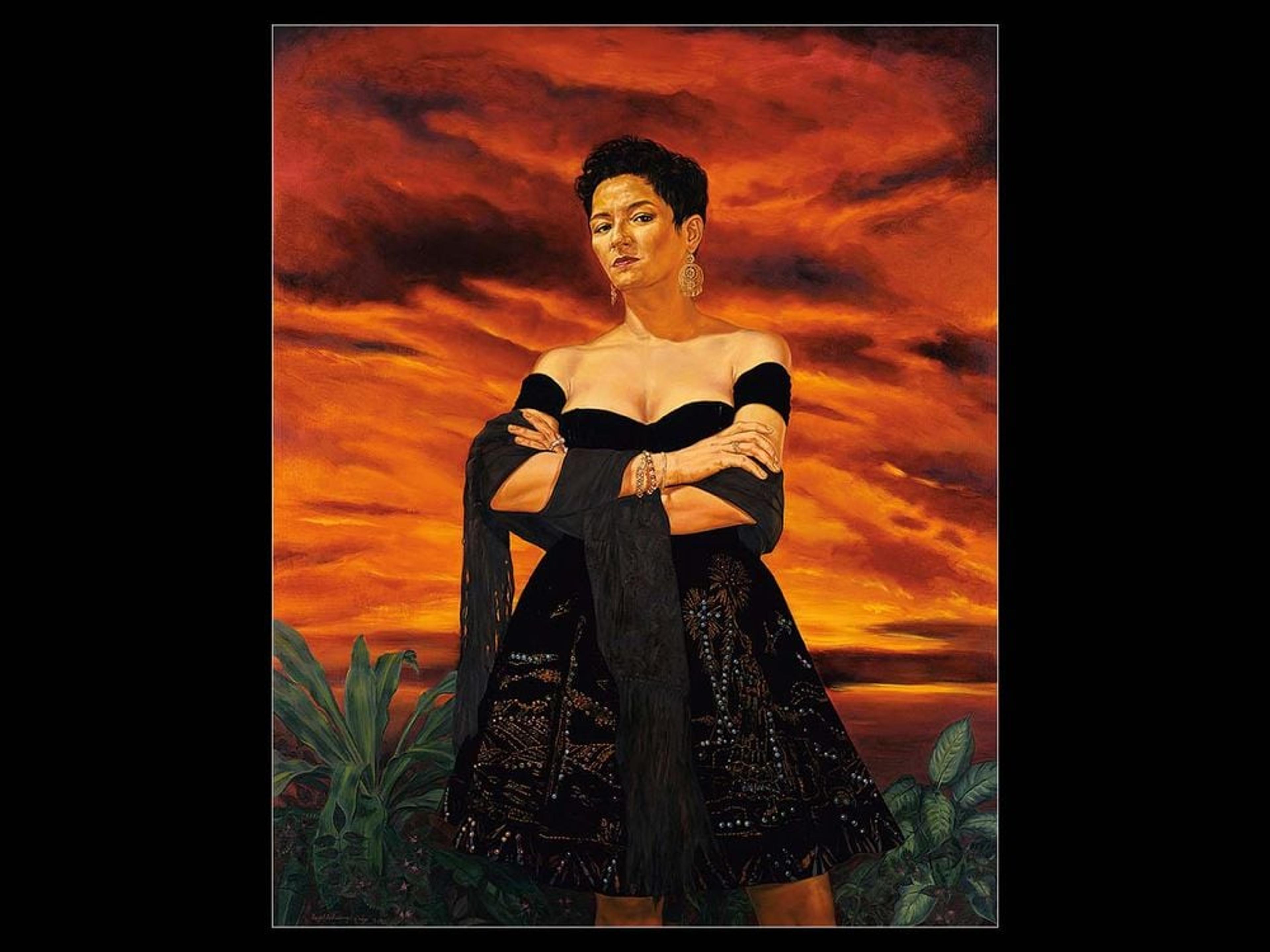 Latina author Sandra Cisneros is the subject of Angel Rodríguez-Díaz’s 1993 oil painting The Protagonist of an Endless Story.