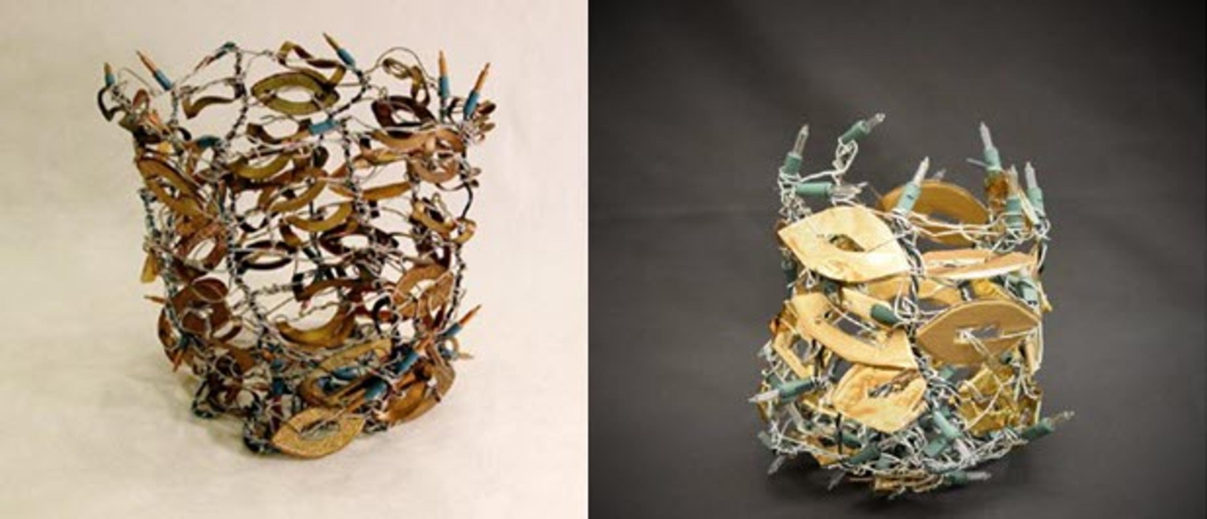 left image: Marita Dingus, Untitled Bowl, c. 2055, wire and found objects, 7 1/2” x 8” x 8” ; right image: Tactile Reproduction created by Mallory Lind inspired by Dingus’ Untitled Bowl