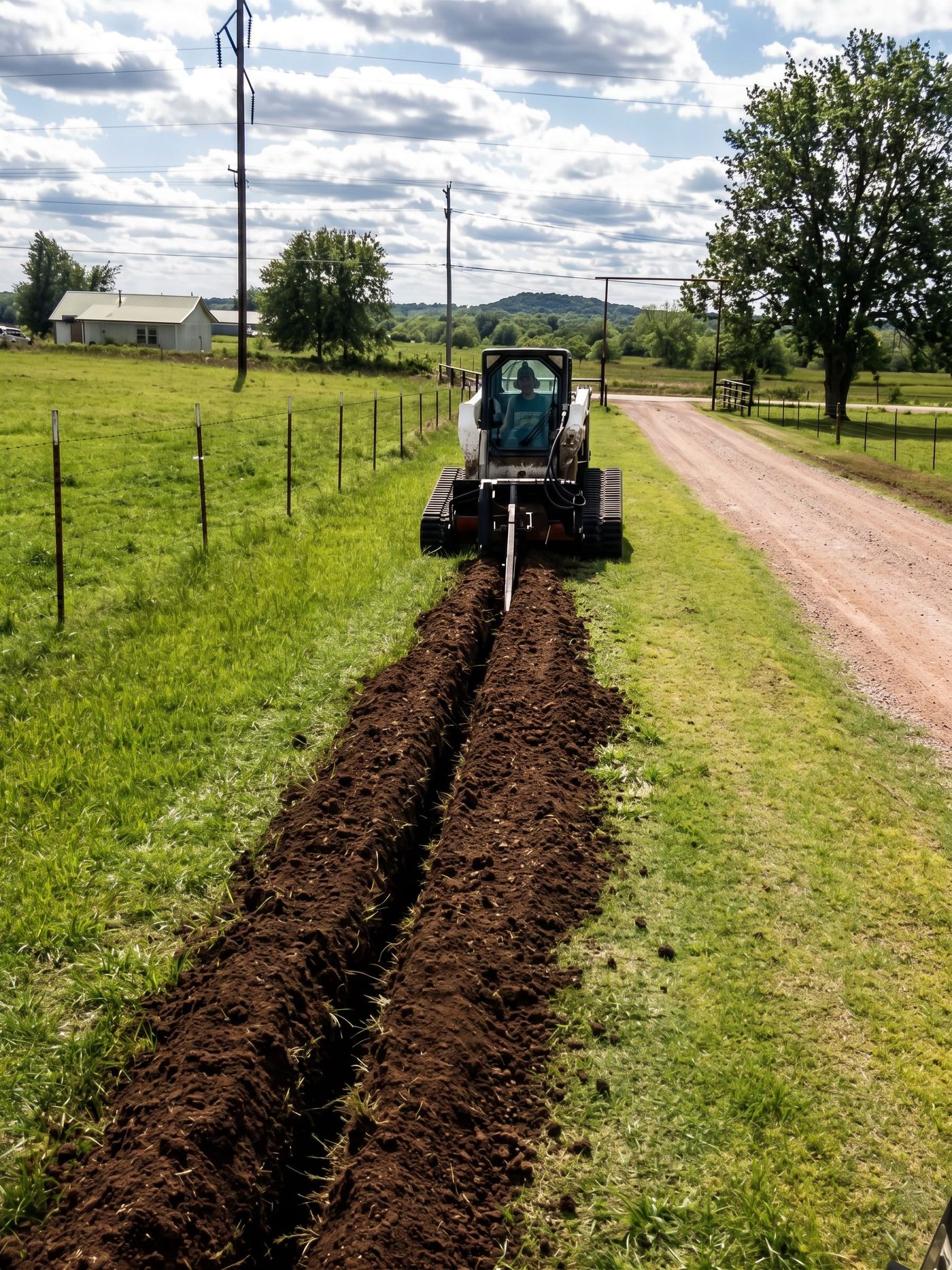 A trencher cutting a line beside a driveway