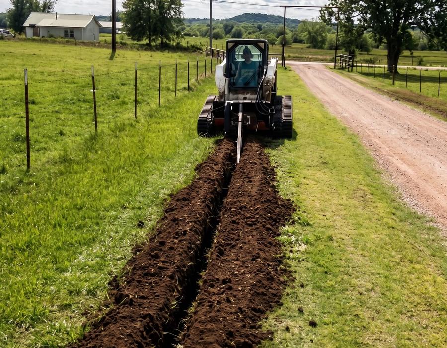 A trencher cutting a line beside a driveway