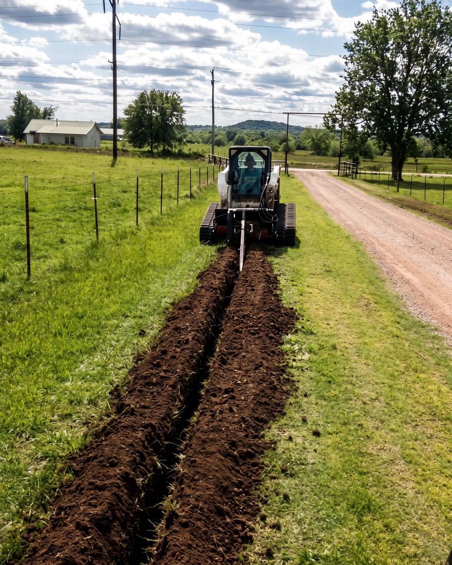 A trencher cutting a line beside a driveway