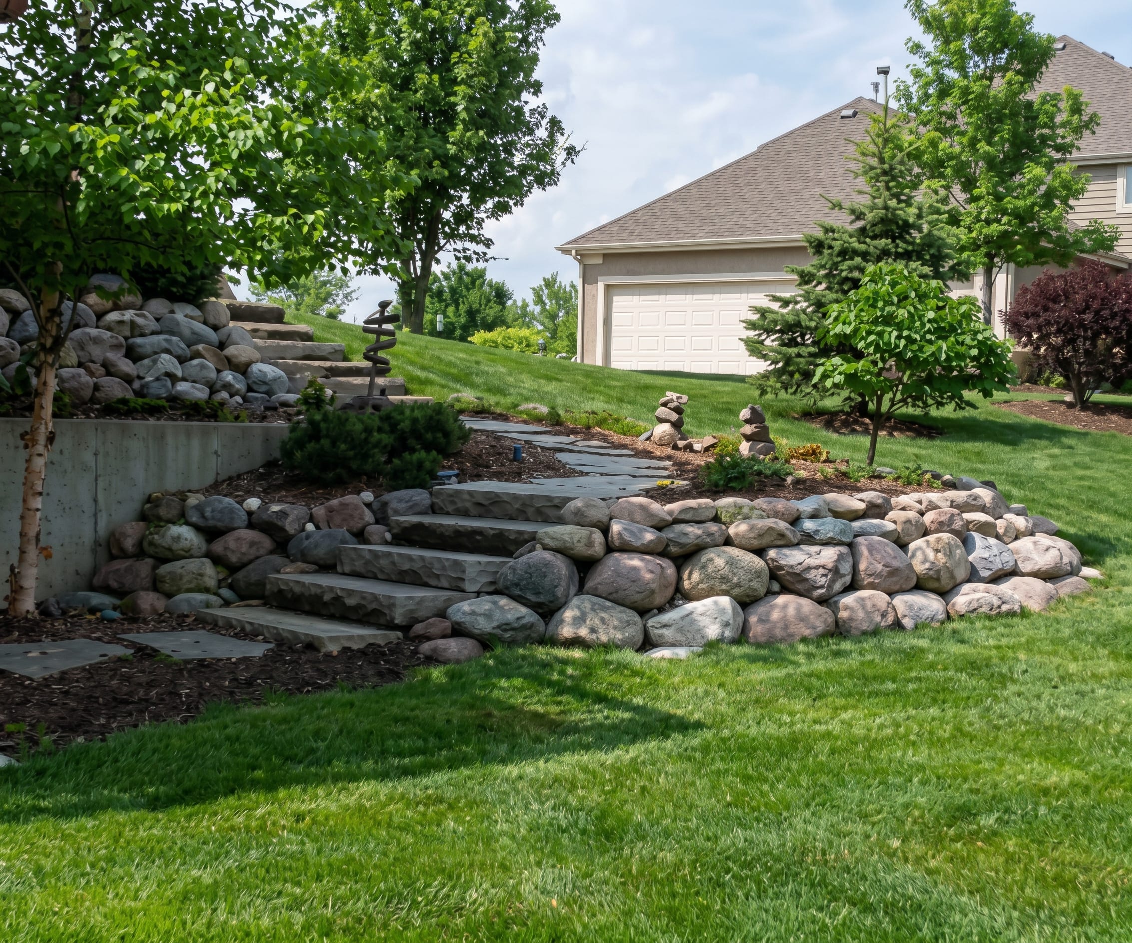 Stone retaining wall and steps