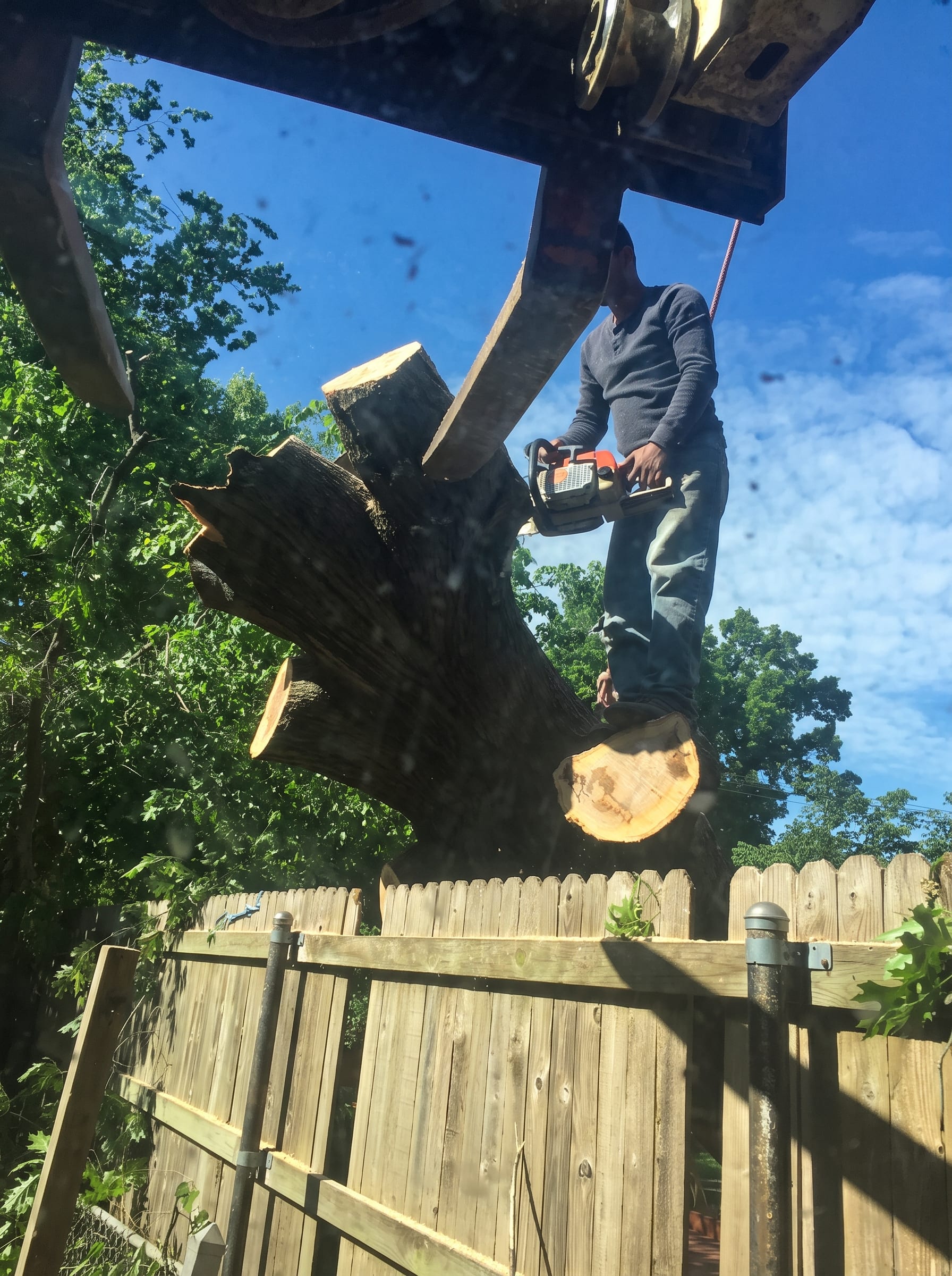 Lifting a cut section over the fence