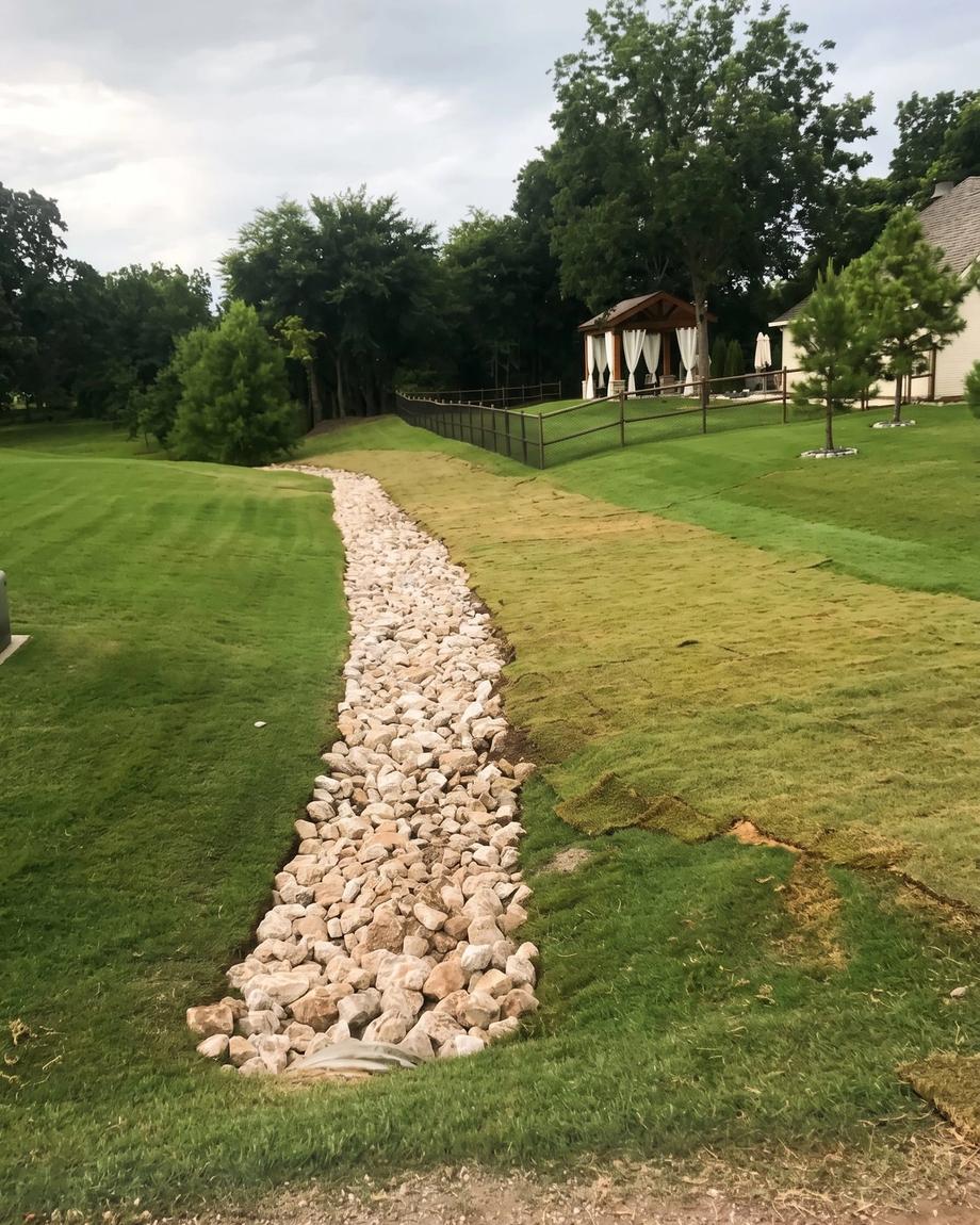 A rock-lined drainage swale through a lawn