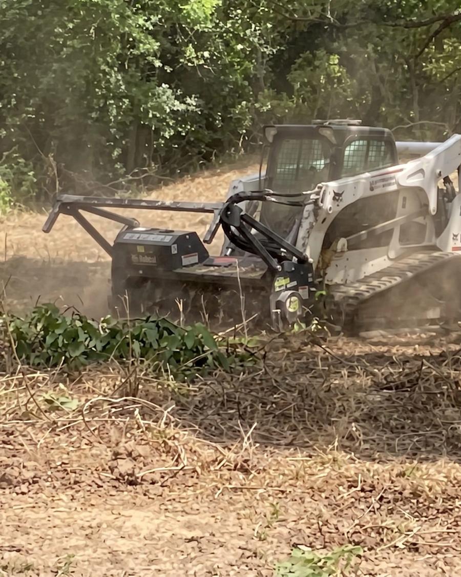 Tracked forestry mulcher grinding brush