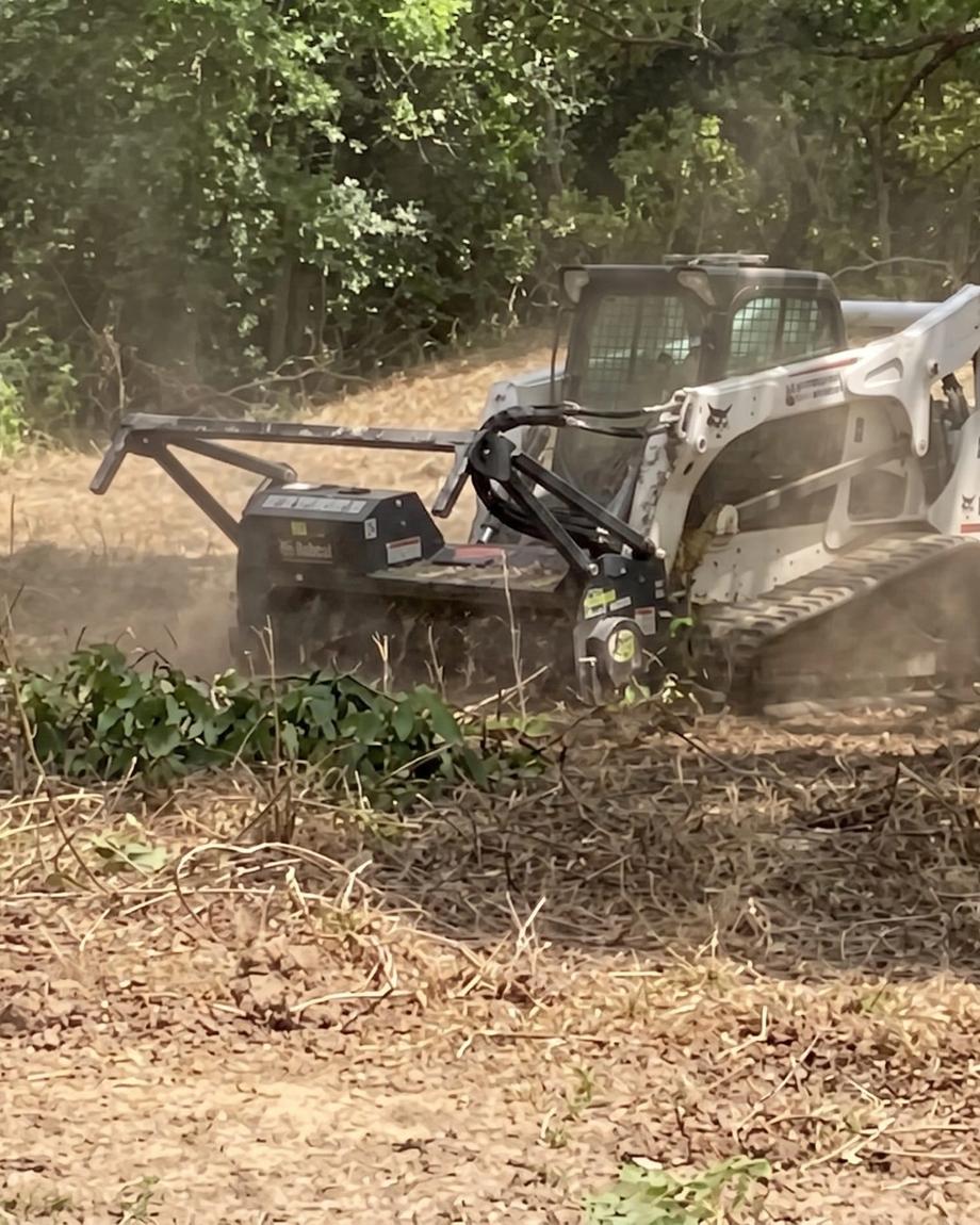 Tracked forestry mulcher grinding brush