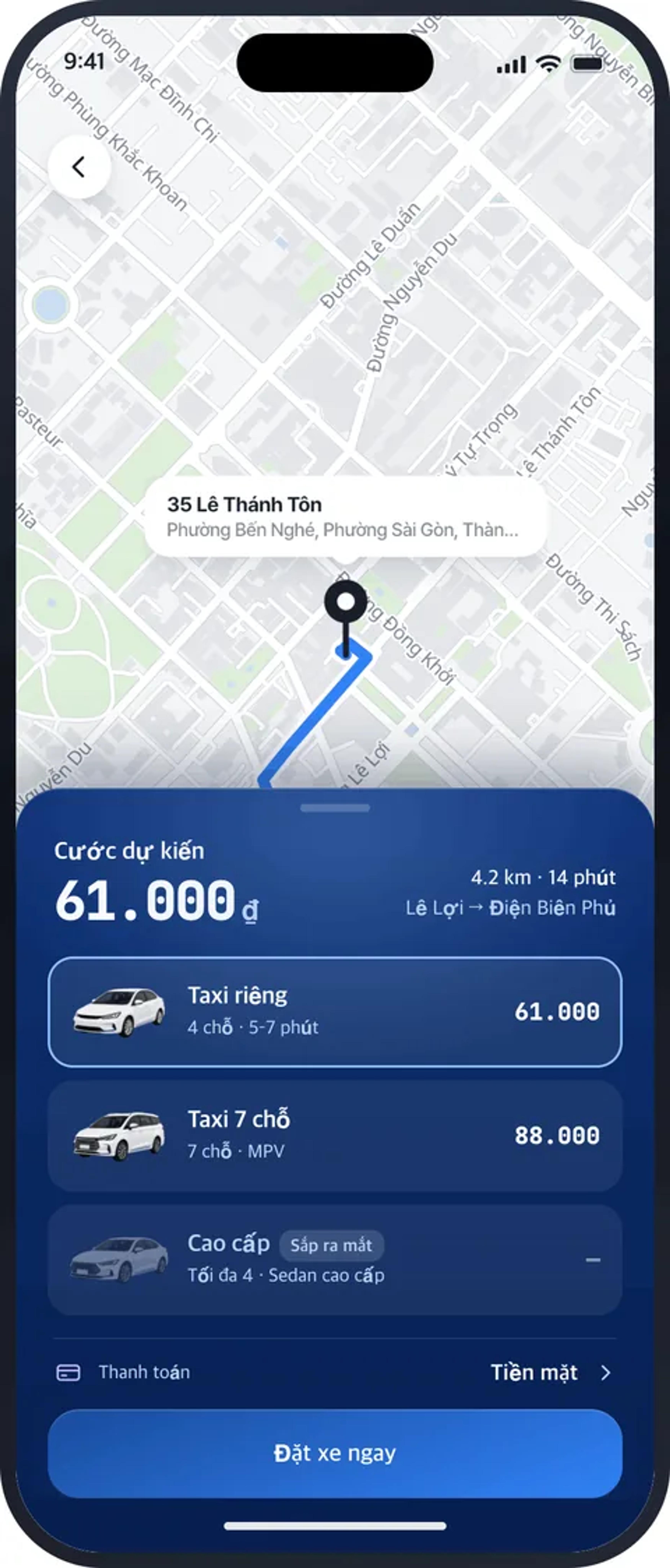 Màn hình Chọn xe & báo giá trong ứng dụng MATRIZ