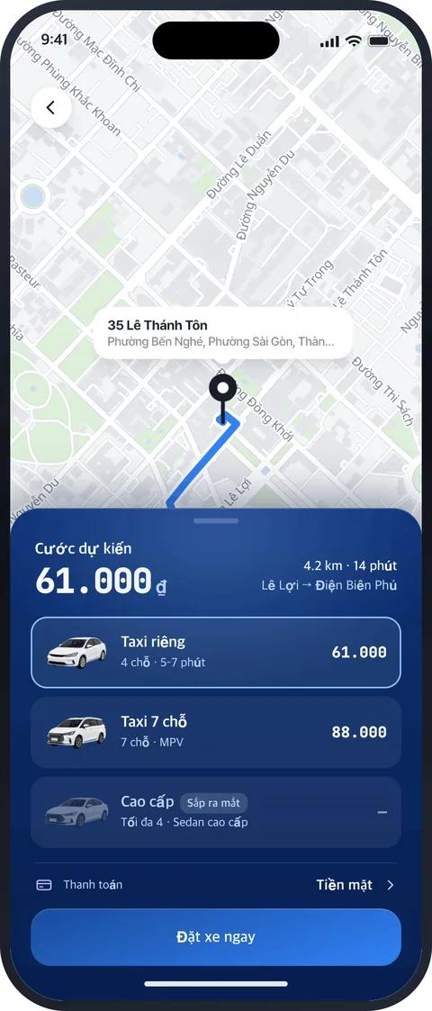 Màn hình Chọn xe & báo giá trong ứng dụng MATRIZ
