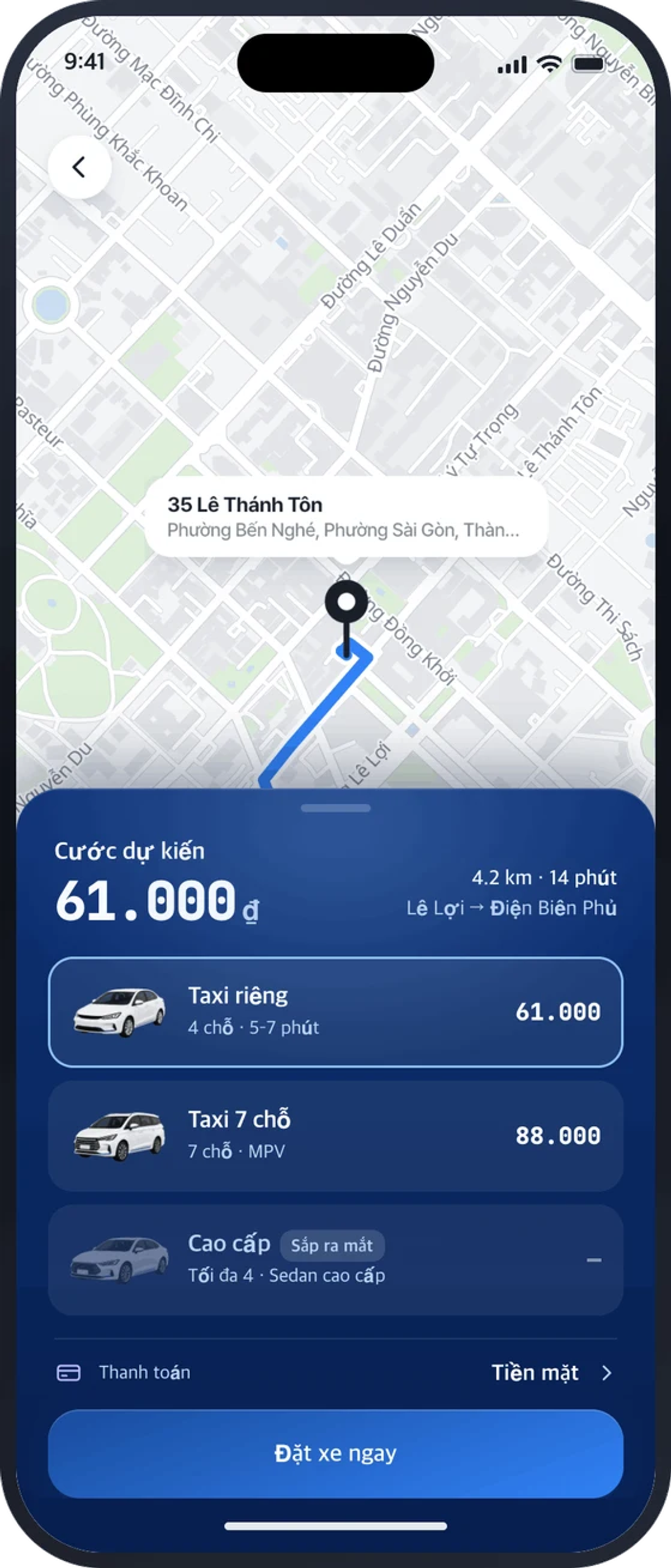Màn hình báo giá cước dự kiến theo loại xe