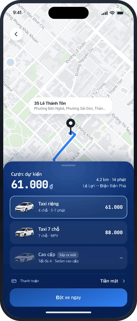 Màn hình báo giá cước dự kiến theo loại xe