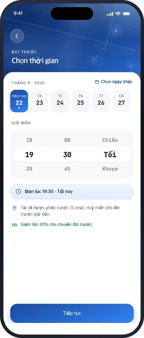 Màn hình Đặt chuyến trước trong ứng dụng MATRIZ