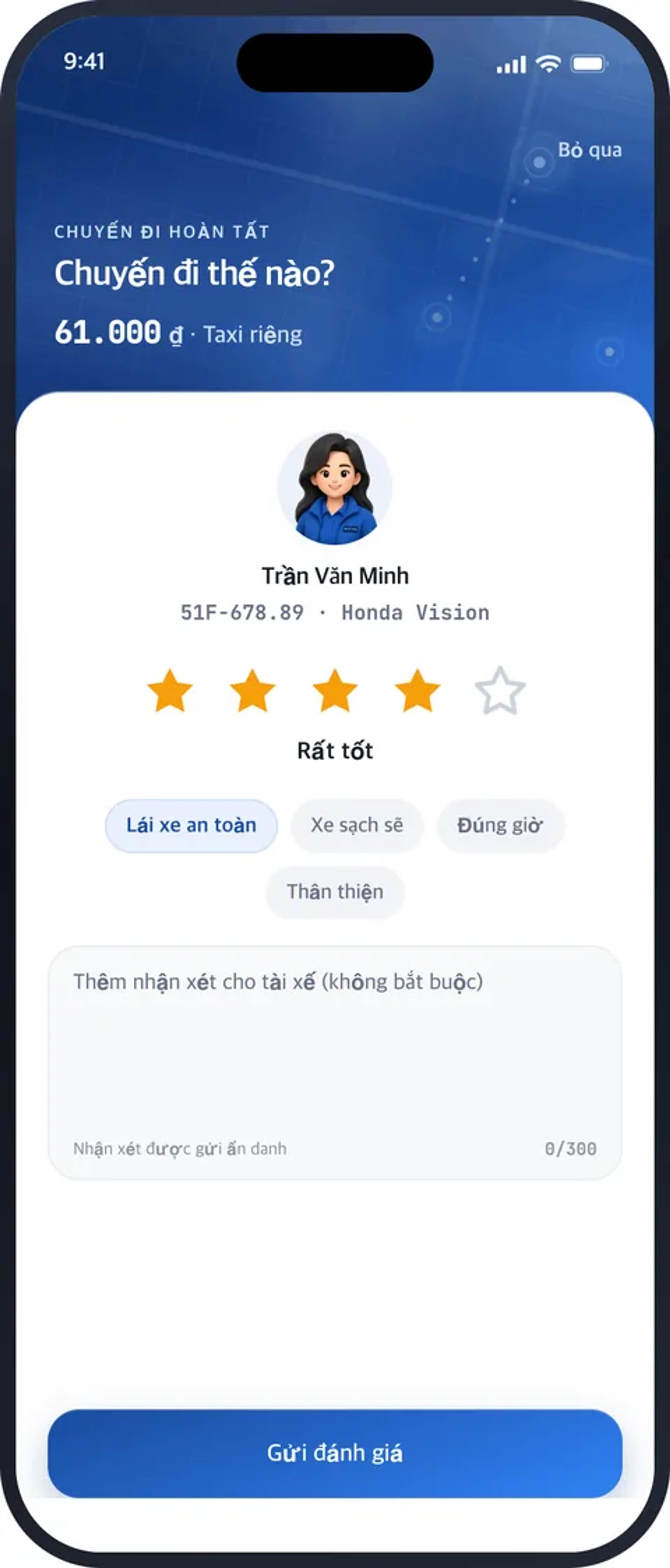Màn hình Đánh giá tài xế trong ứng dụng MATRIZ