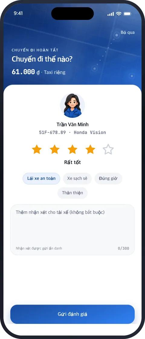 Màn hình Đánh giá tài xế trong ứng dụng MATRIZ