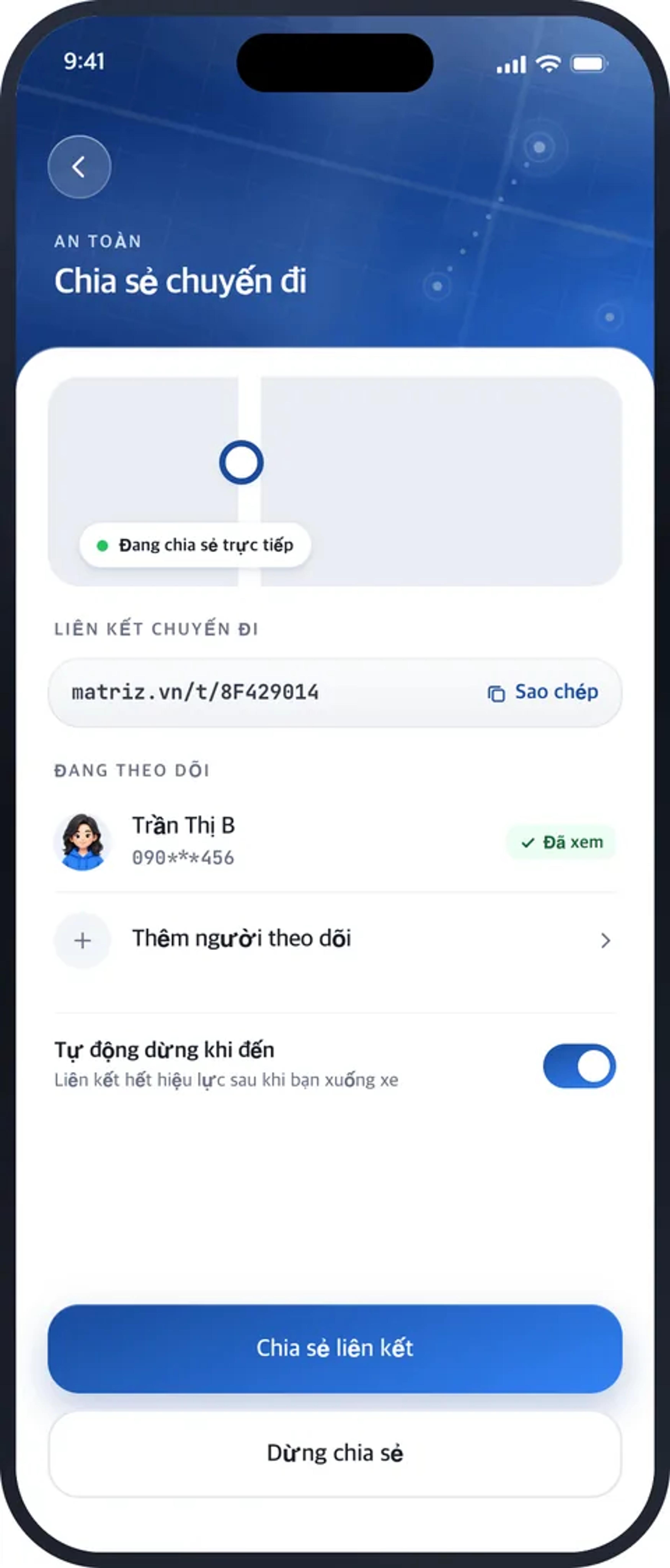 Màn hình Chia sẻ chuyến đi trong ứng dụng MATRIZ