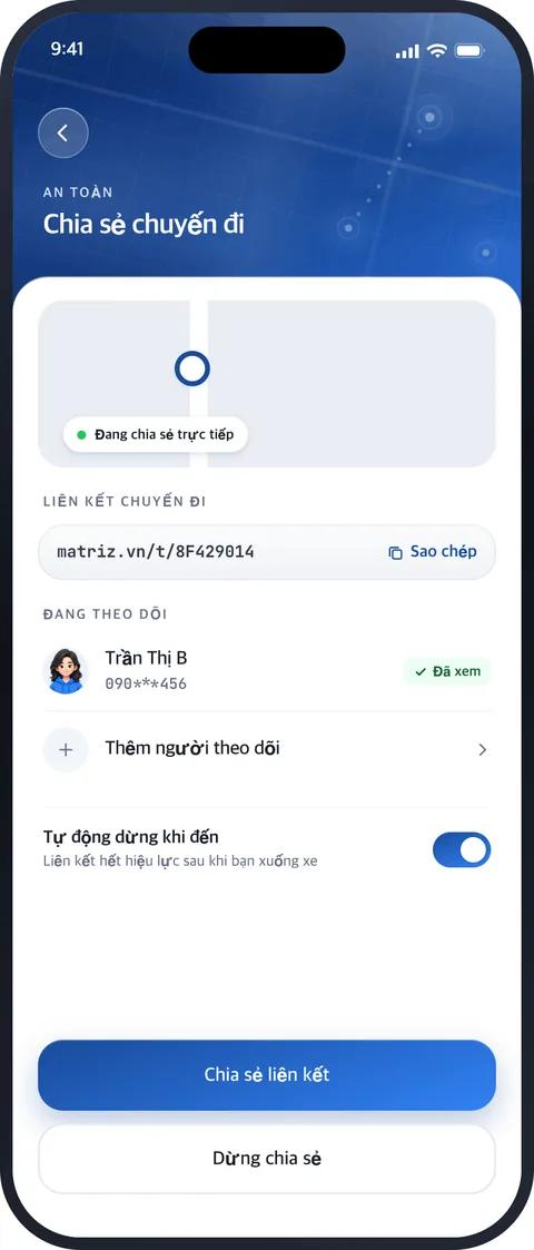 Màn hình Chia sẻ chuyến đi trong ứng dụng MATRIZ