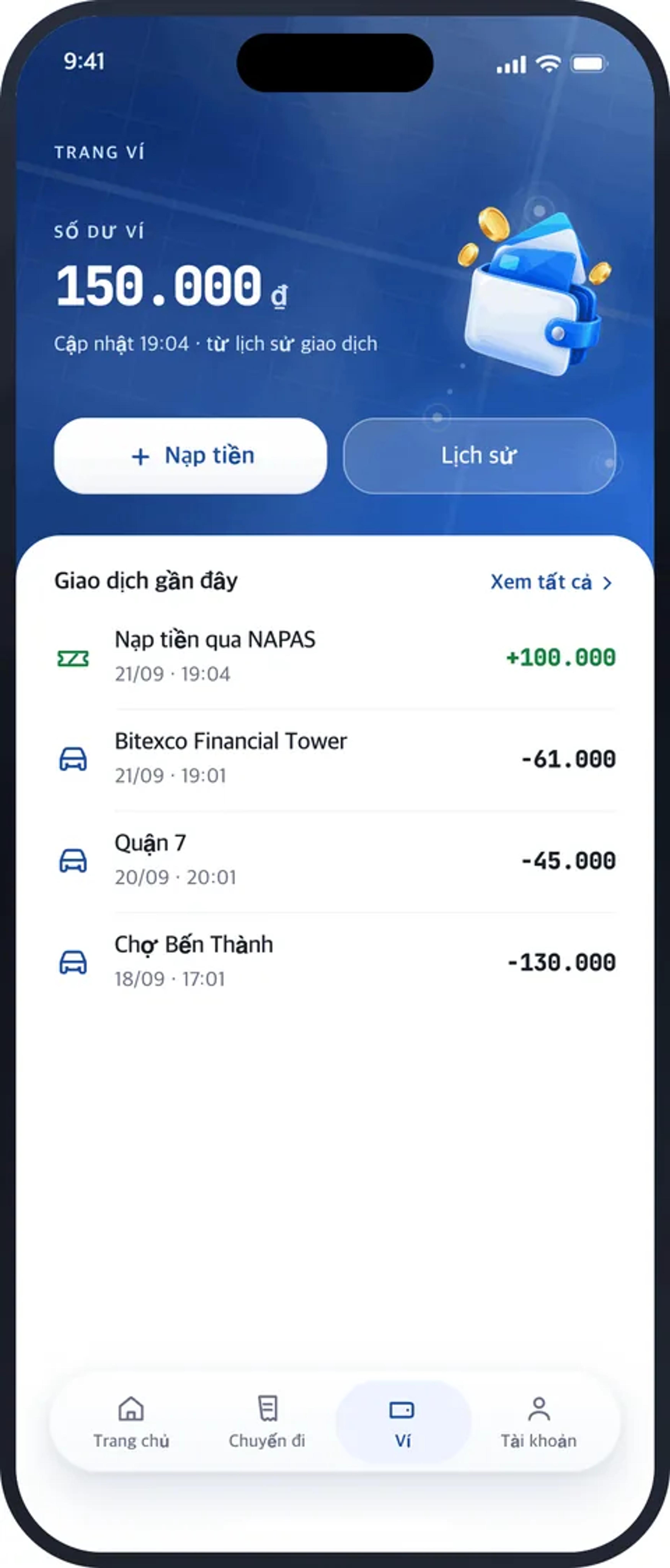 Màn hình Ví MATRIZ trong ứng dụng MATRIZ