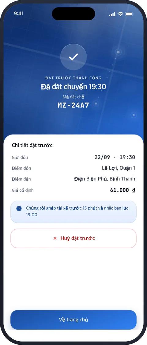 Màn hình Đặt trước thành công trong ứng dụng MATRIZ