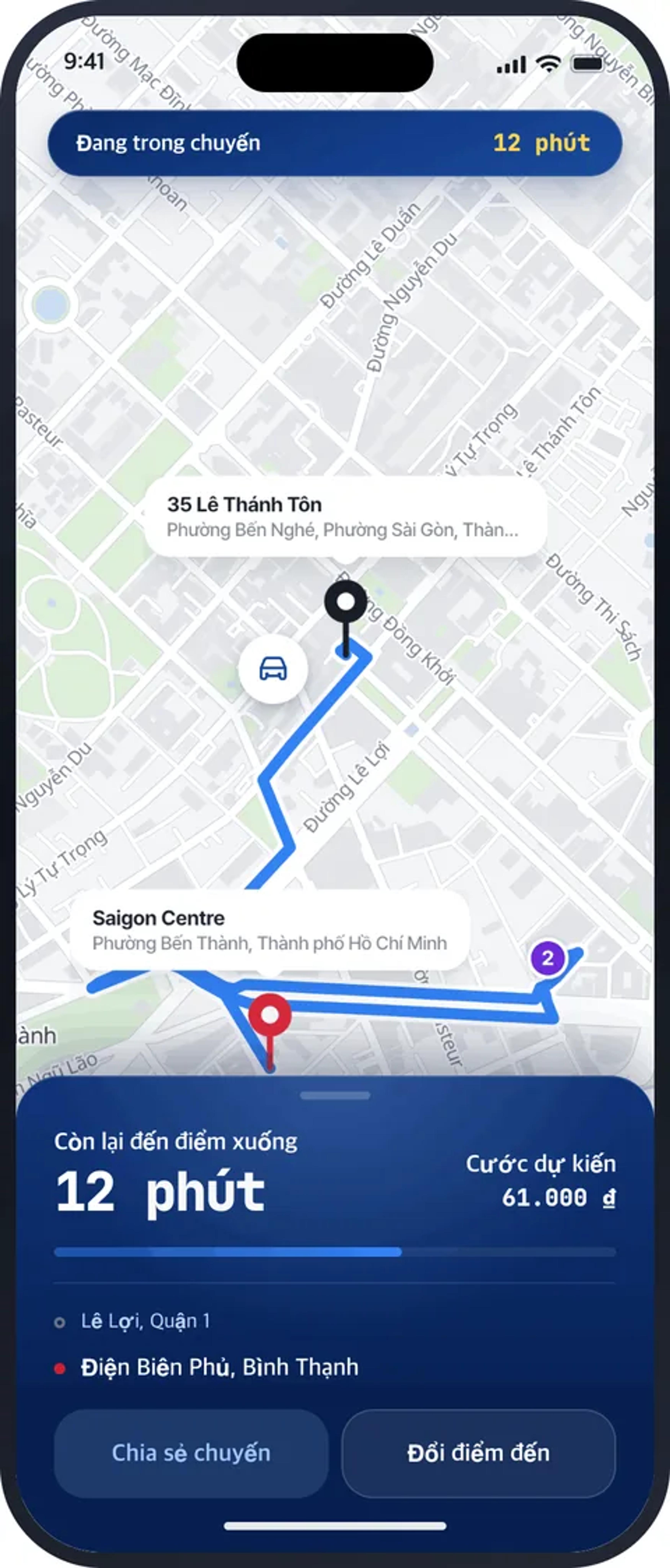 Màn hình Đang trong chuyến trong ứng dụng MATRIZ