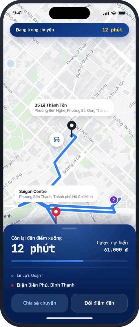 Màn hình Đang trong chuyến trong ứng dụng MATRIZ