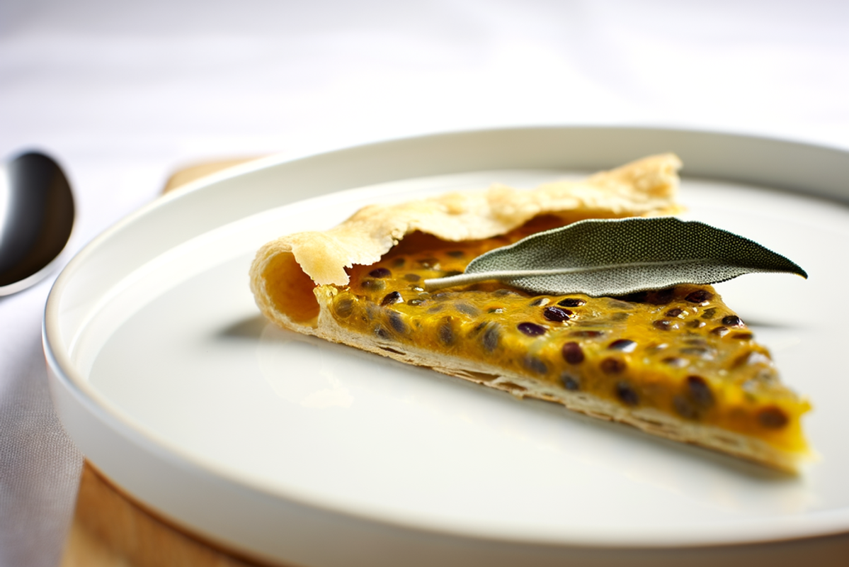 Low-Carb Maracuja-Salbei-Galette - professionelles Food-Foto von DALL-E 3