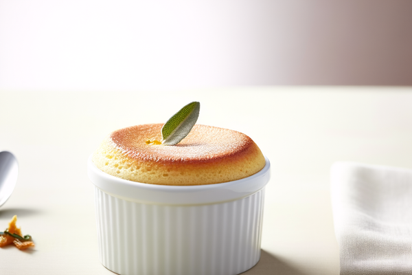 Low-Carb Mandarine-Salbei-Soufflé - professionelles Food-Foto von DALL-E 3
