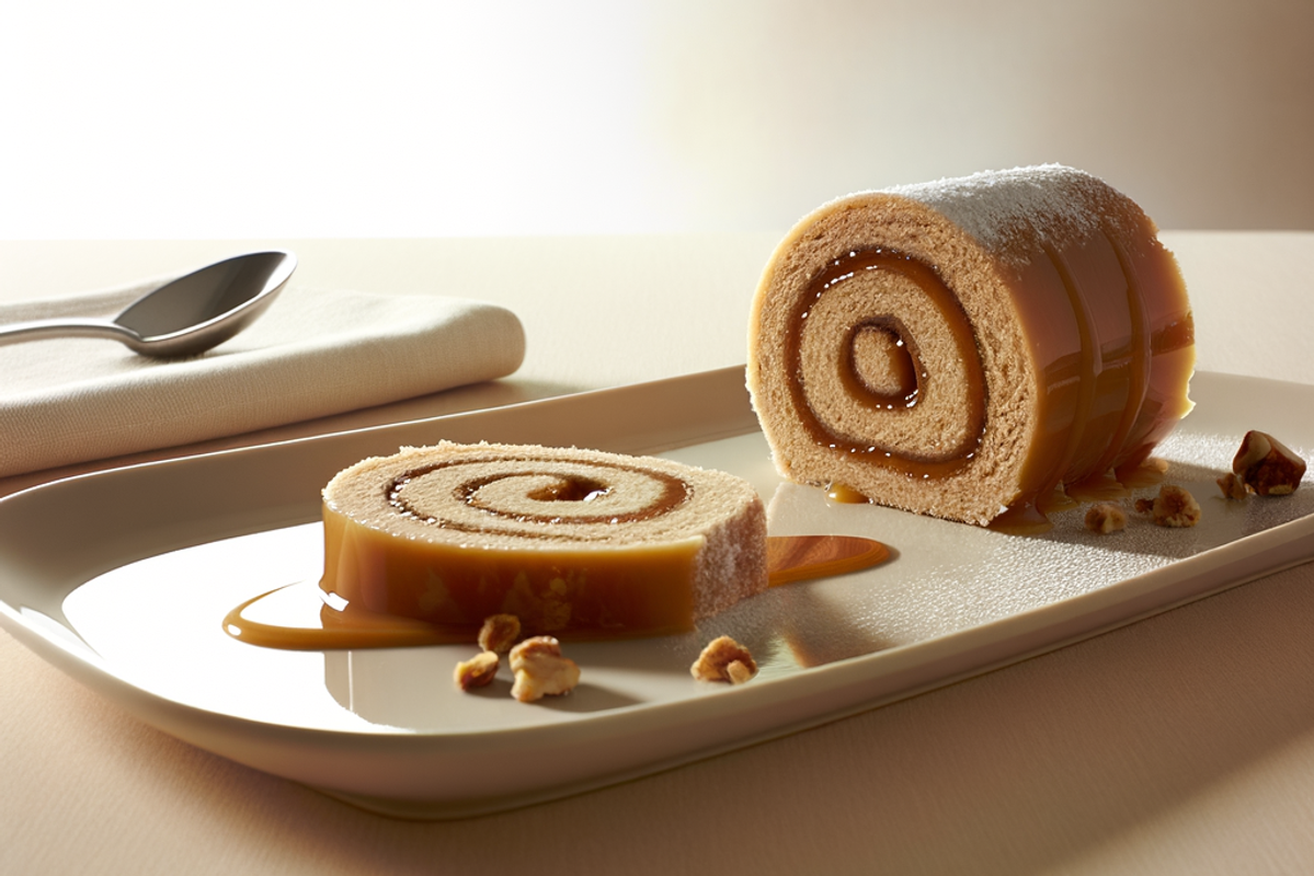 Low-Carb Haselnuss-Karamell-Rolle - professionelles Food-Foto von DALL-E 3