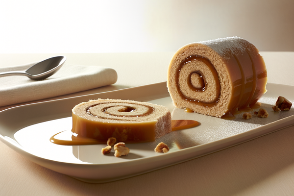 Low-Carb Haselnuss-Karamell-Rolle - professionelles Food-Foto von DALL-E 3