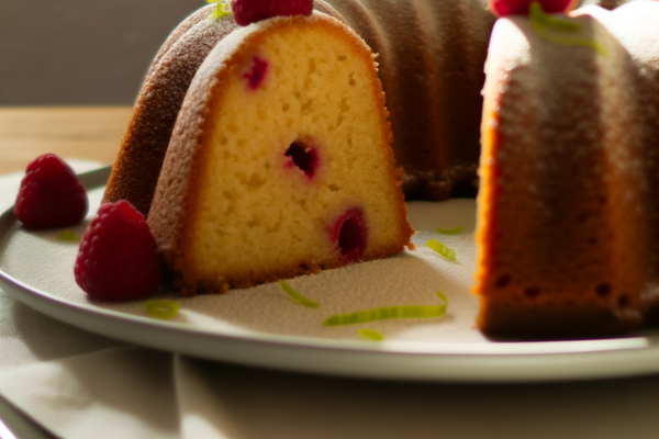 Low-Carb Himbeer-Limetten-Gugelhupf - professionelles Food-Foto von DALL-E 3