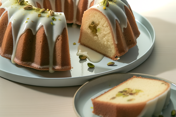 Low-Carb Pistazien-Bergamotte-Kranz - professionelles Food-Foto von DALL-E 3