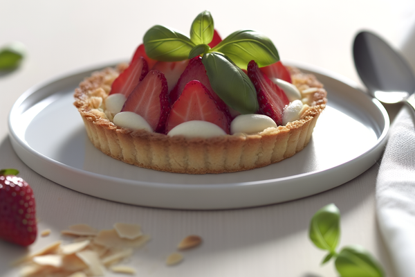 Low-Carb Erdbeer-Basilikum-Tartelette - professionelles Food-Foto von DALL-E 3