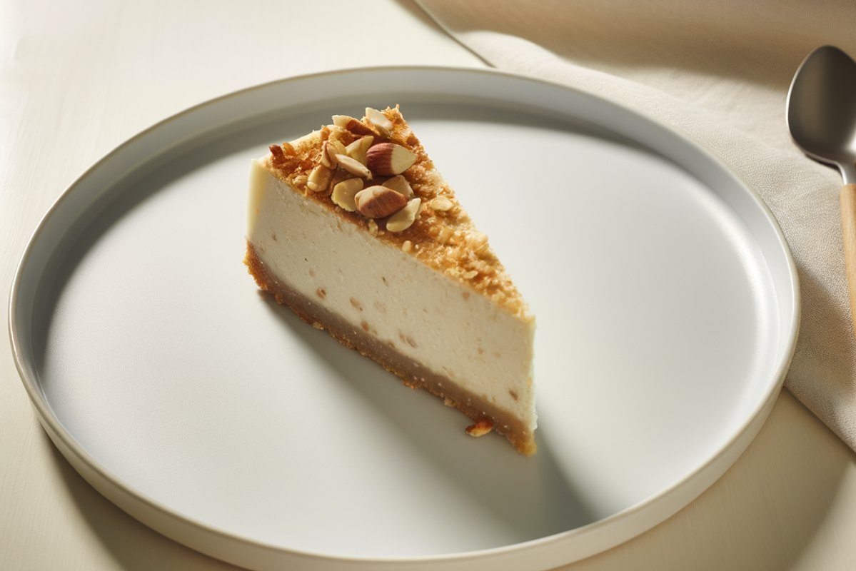 Low-Carb Kokos-Haselnuss-Käsekuchen - professionelles Food-Foto von DALL-E 3