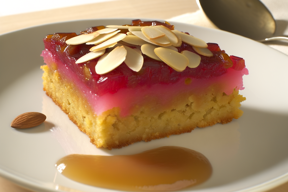 Low-Carb Rhabarber-Ingwer-Bienenstich - professionelles Food-Foto von DALL-E 3