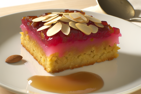 Low-Carb Rhabarber-Ingwer-Bienenstich - professionelles Food-Foto von DALL-E 3