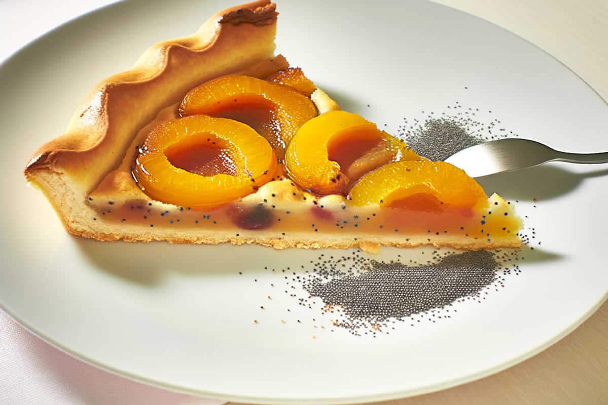 Low-Carb Marillen-Mohn-Wähe - professionelles Food-Foto von DALL-E 3