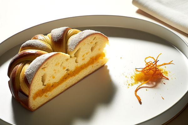 Low-Carb Orangen-Safran-Flechtkranz - professionelles Food-Foto von DALL-E 3