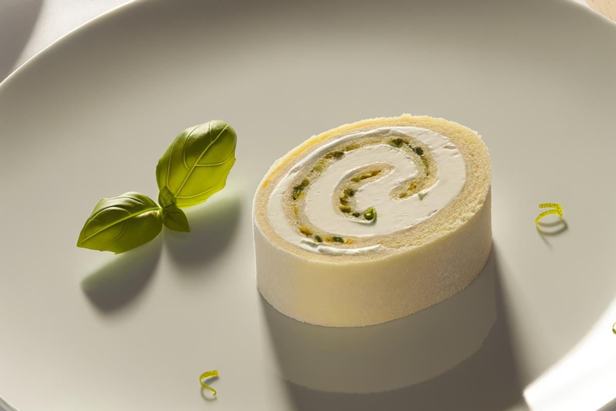 Low-Carb Limetten-Basilikum-Roulade - professionelles Food-Foto von DALL-E 3