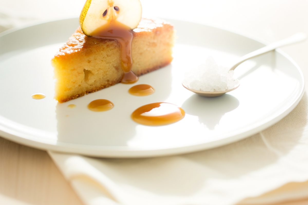 Low-Carb Salzkaramell-Birnenkuchen - professionelles Food-Foto von DALL-E 3