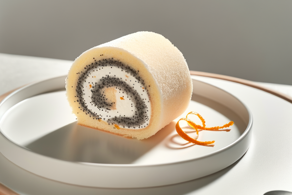 Low-Carb Mohn-Mandarinen-Roulade - professionelles Food-Foto von DALL-E 3