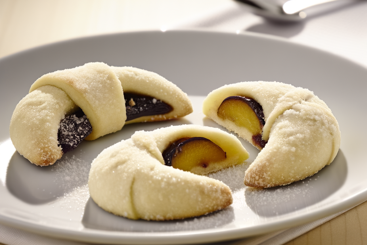 Low-Carb Pflaumen-Zimt-Kipferl - professionelles Food-Foto von DALL-E 3