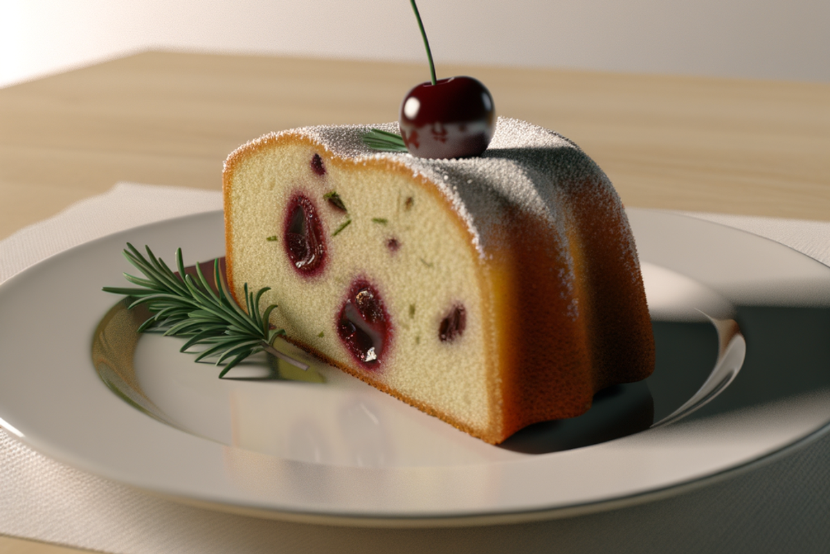 Low-Carb Sauerkirsch-Rosmarin-Kranz - professionelles Food-Foto von DALL-E 3