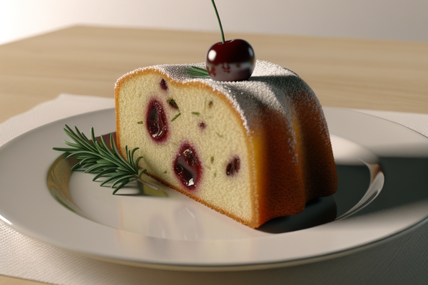 Low-Carb Sauerkirsch-Rosmarin-Kranz - professionelles Food-Foto von DALL-E 3