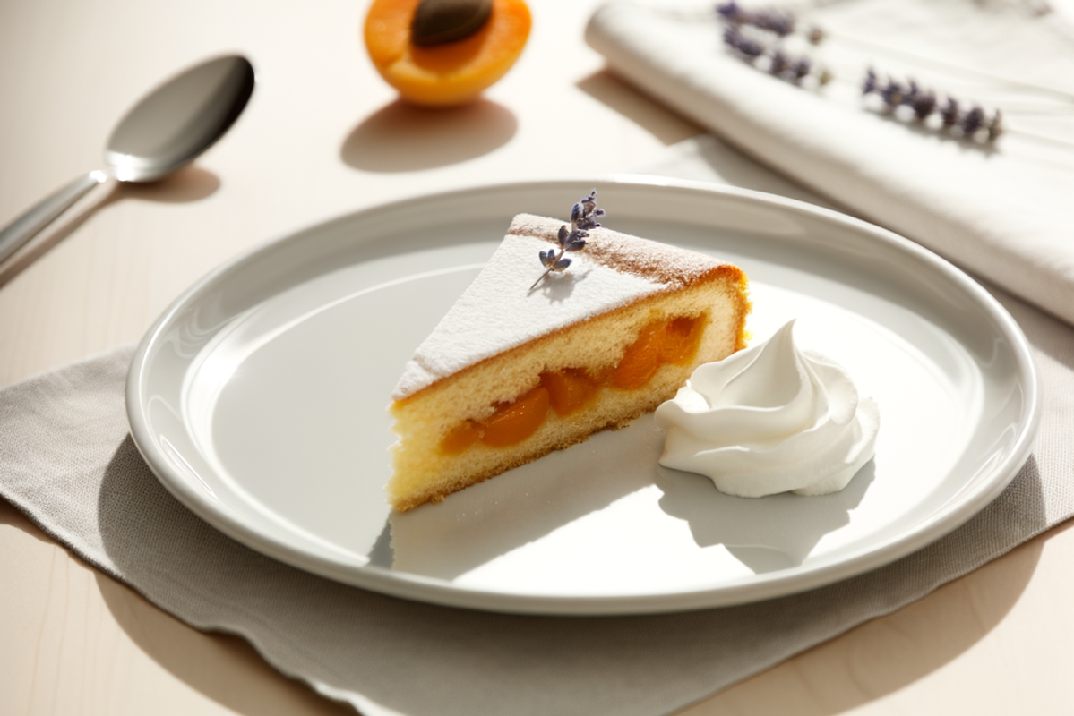 Low-Carb Marillen-Lavendel-Torte - professionelles Food-Foto von DALL-E 3