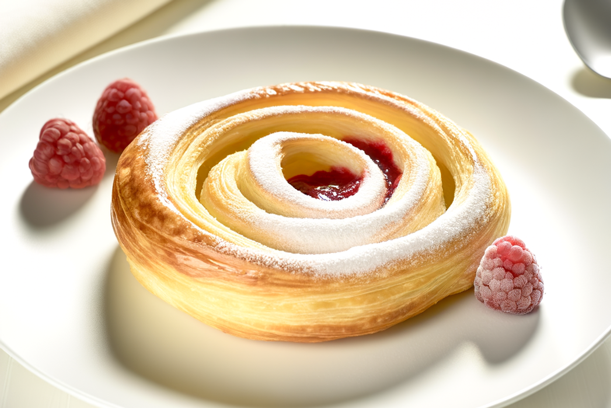 Low-Carb Topfen-Himbeer-Schnecke - professionelles Food-Foto von DALL-E 3