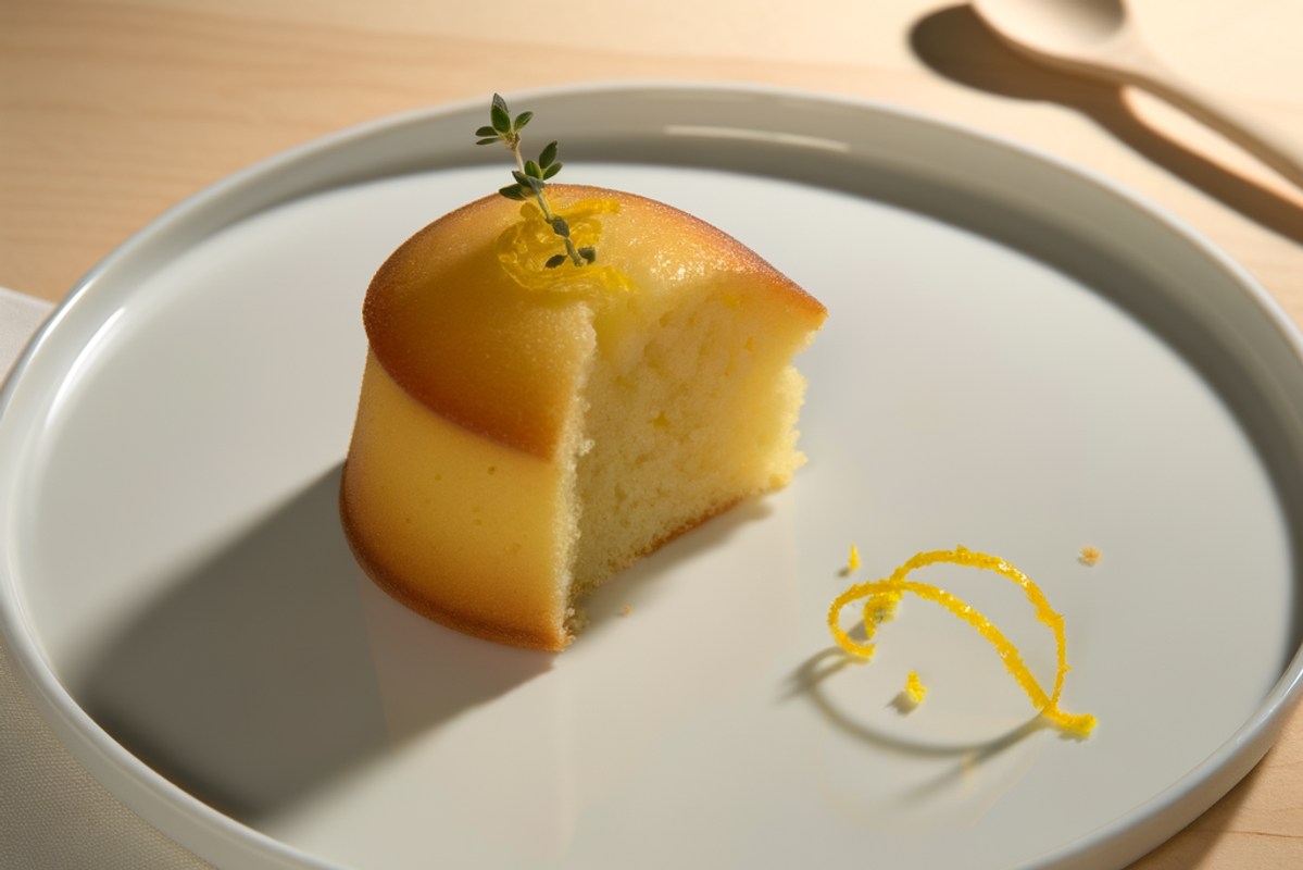 Low-Carb Zitronen-Thymian-Küchlein - professionelles Food-Foto von DALL-E 3