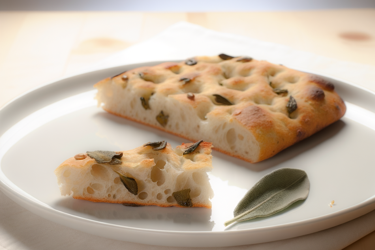 Low-Carb Maroni-Salbei-Focaccia - professionelles Food-Foto von DALL-E 3