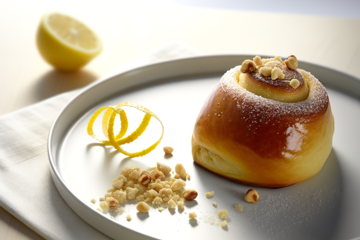 Low-Carb Haselnuss-Zitronen-Buchteln - professionelles Food-Foto von DALL-E 3