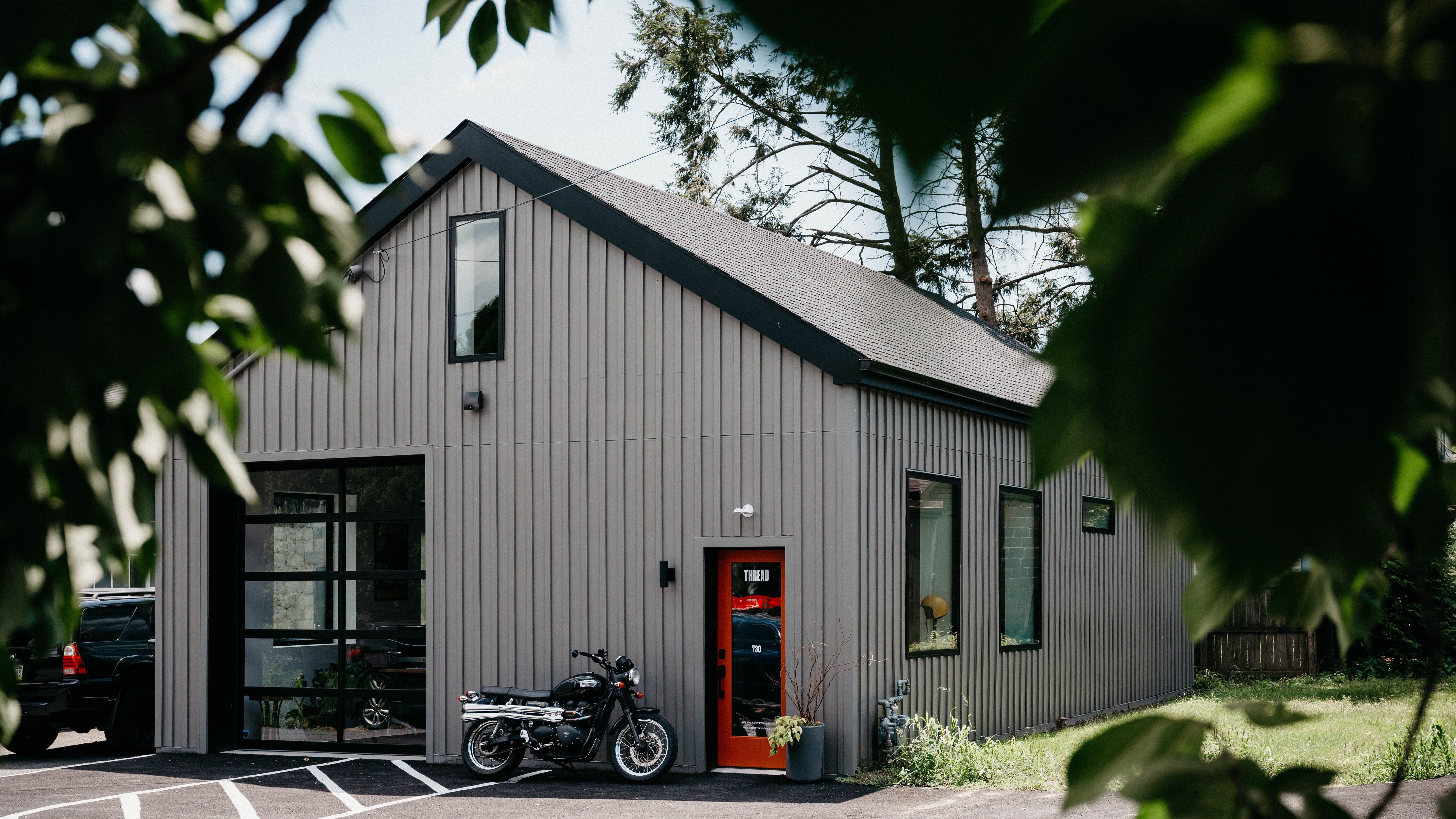 Garage studio at dusk
