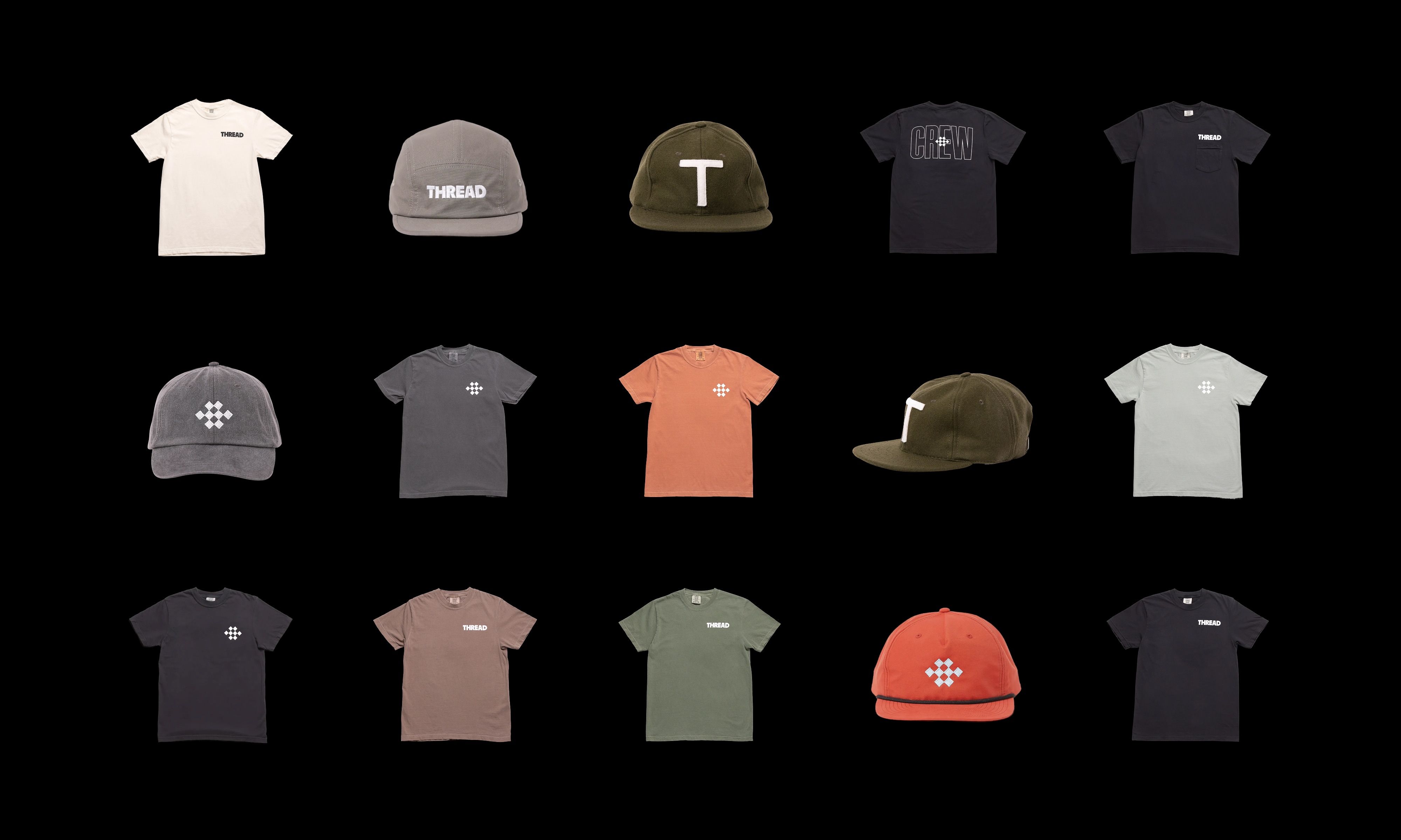 Grid of Thread merchandise featuring t-shirts, crewnecks, and caps in sage, black, white, and coral