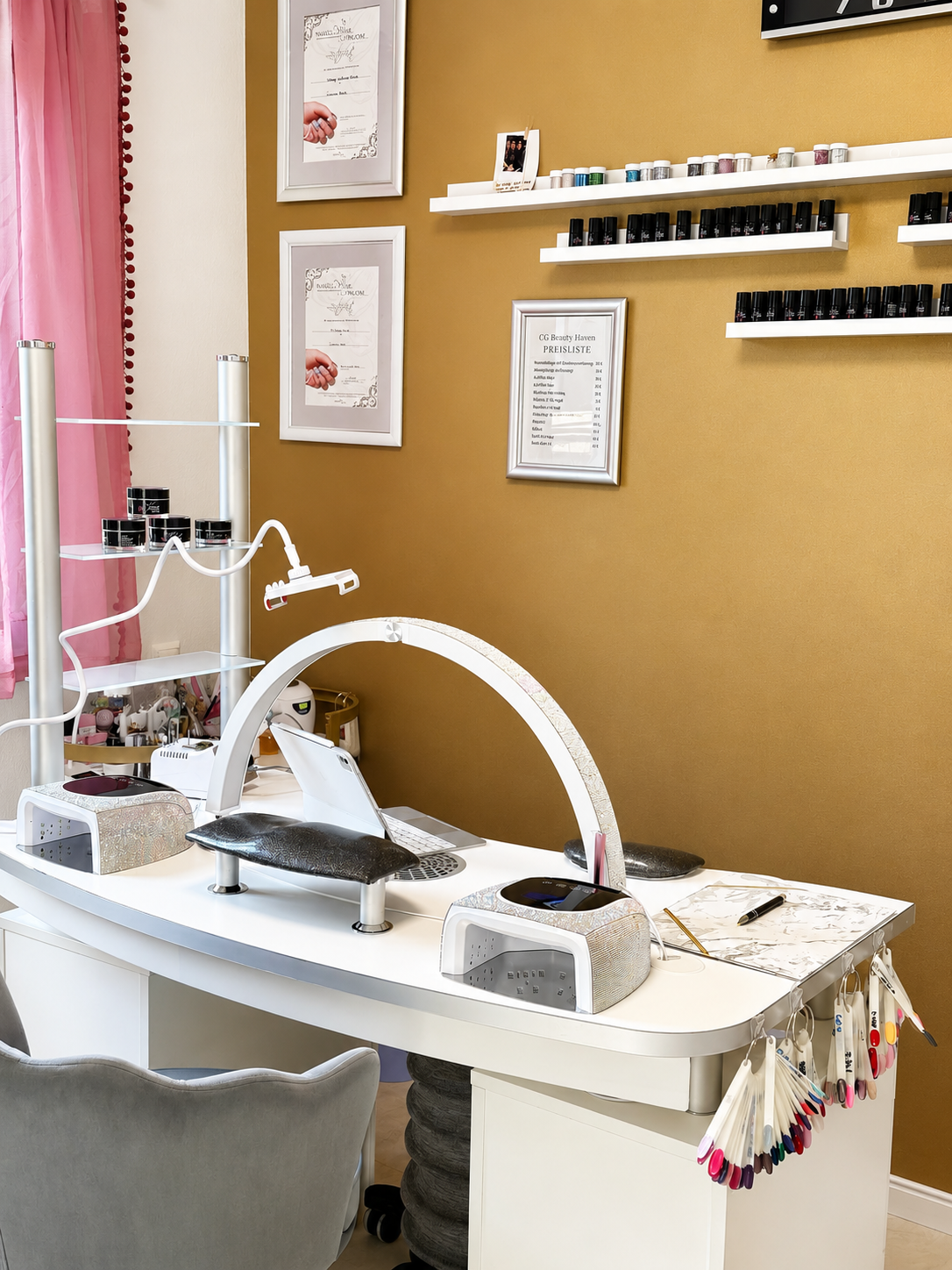 Nageltisch und Zertifikate im CG Beauty Heaven Studio